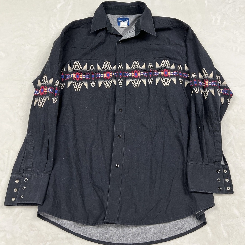 Wrangler Western Shirt Mens XL Black Aztec Geometric Print Snap Button MC5581M